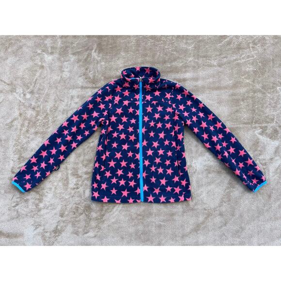 Lands’ End Girls Full Zip Fleece Jacket Blue with Pink Stars Size Medium 10-12 - Picture 1 of 7